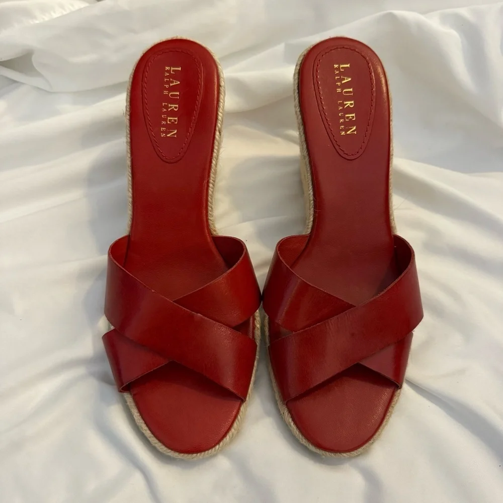 NWOT Lauren Ralph Lauren Leather Crisscross Espadrille Wedge Heeled Sandals - Picture 2 of 6